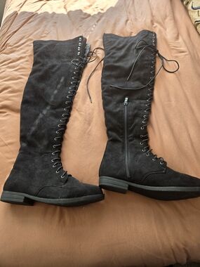Source Unknown Black Lace-Up Over-The-Knee Boots with Side Zipper